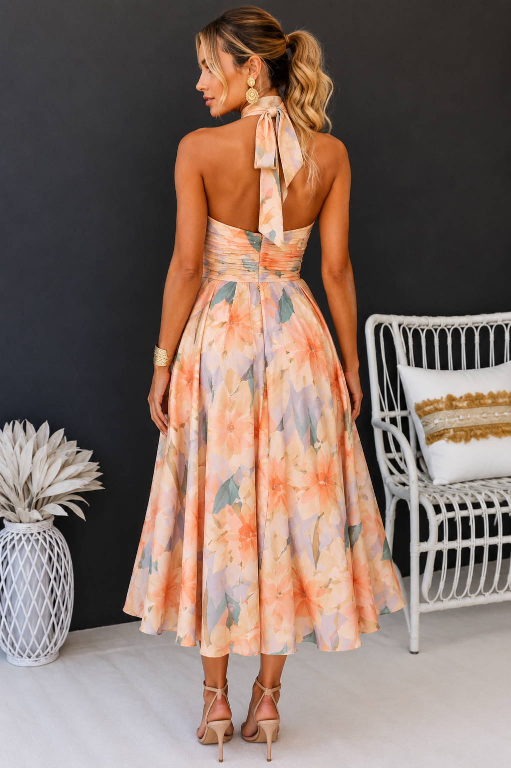 Abito da cerimonia midi a fiori con scollo all'americana, elegante da donna per matrimonio - abito da sera estivo - view 2