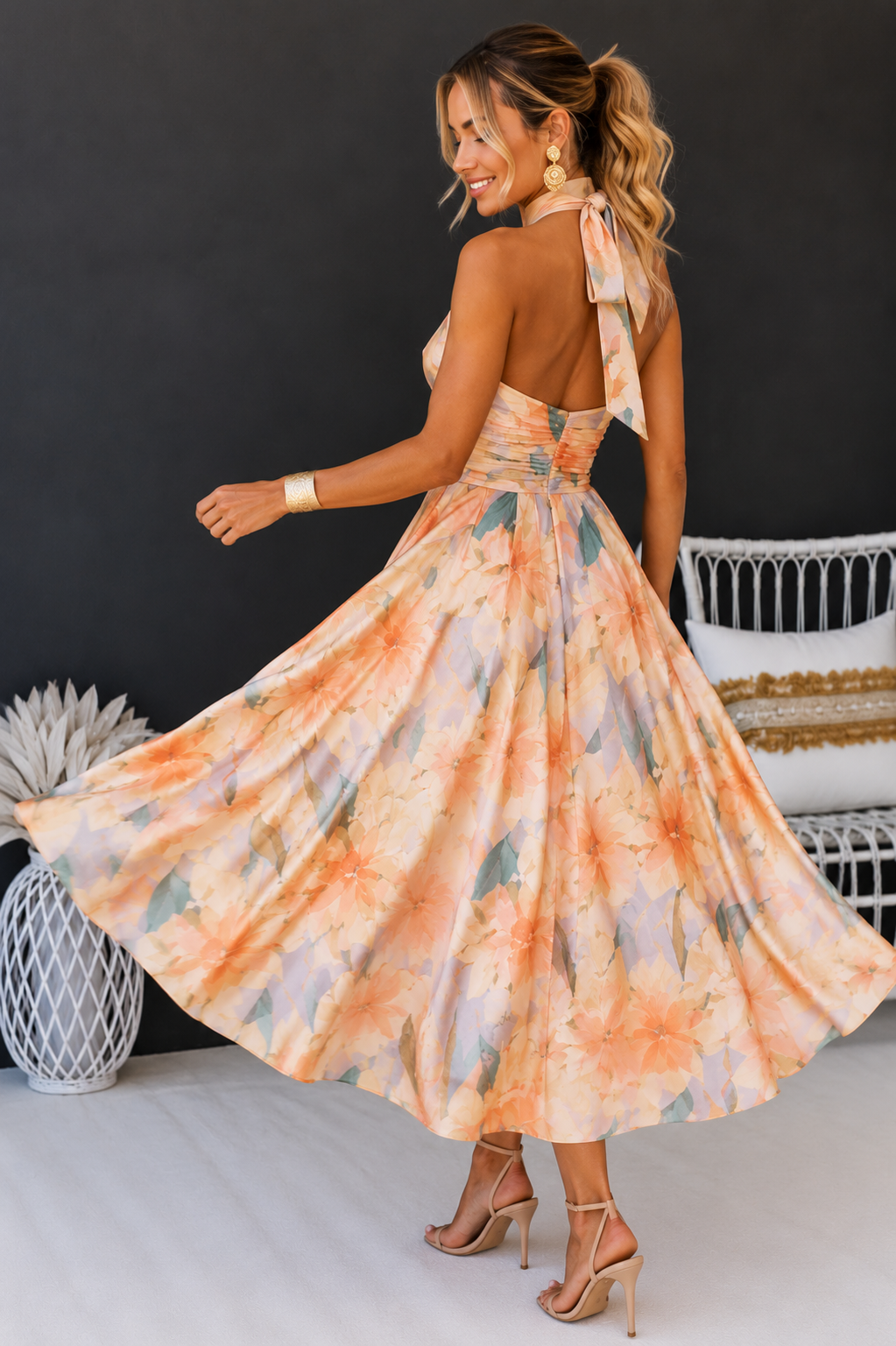Abito da cerimonia midi a fiori con scollo all'americana, elegante da donna per matrimonio - abito da sera estivo - view 3