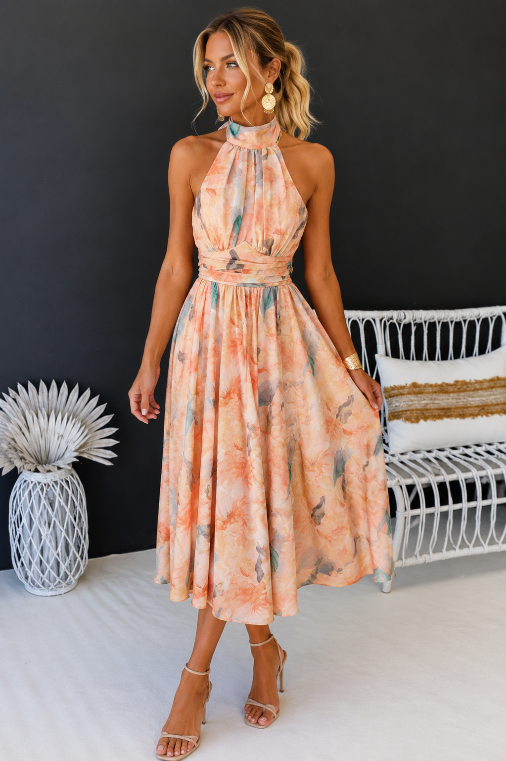 Abito da cerimonia midi a fiori con scollo all'americana, elegante da donna per matrimonio - abito da sera estivo - Pesca