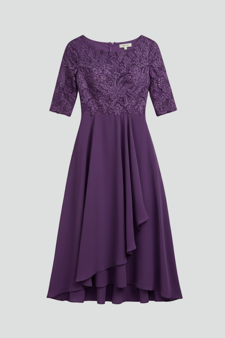 Abito da cerimonia midi da donna in pizzo con scollo rotondo e manica corta, elegante per matrimonio - view 10