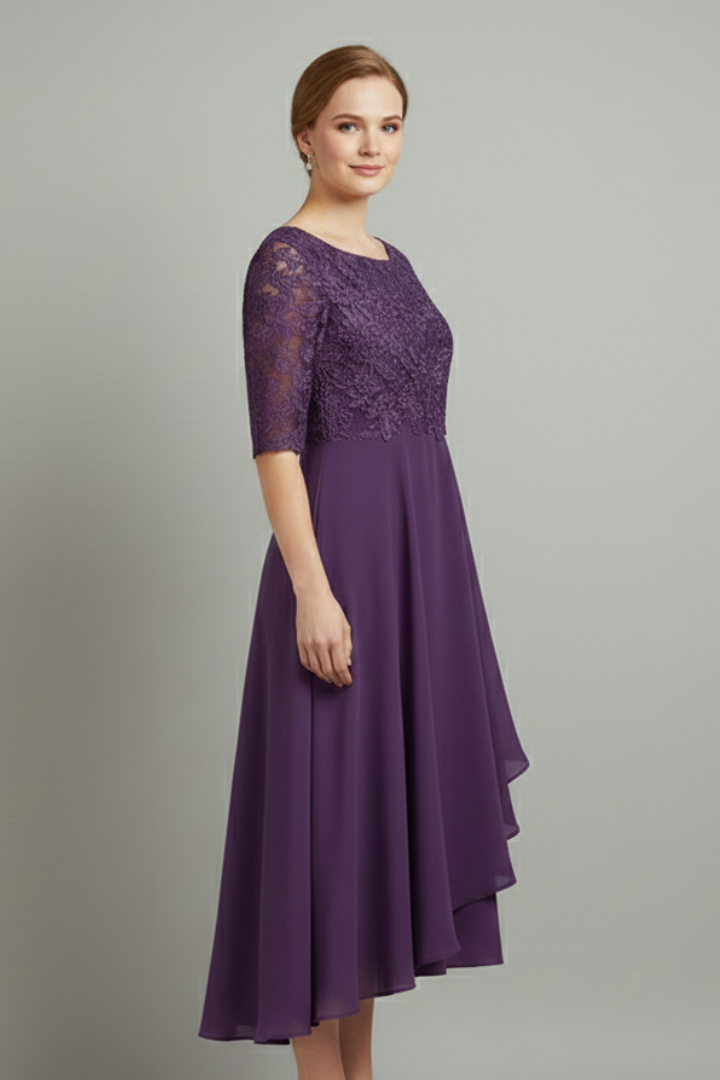 Abito da cerimonia midi da donna in pizzo con scollo rotondo e manica corta, elegante per matrimonio - view 11