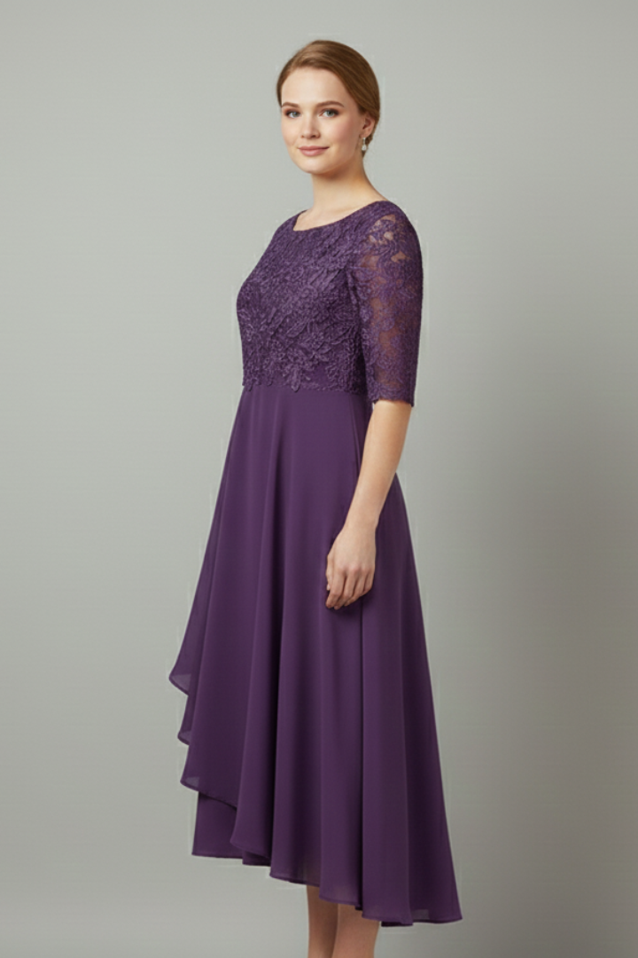 Abito da cerimonia midi da donna in pizzo con scollo rotondo e manica corta, elegante per matrimonio - view 12