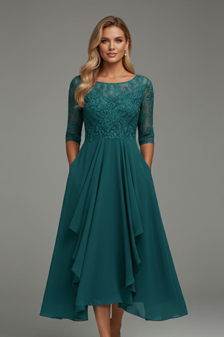 Abito da cerimonia midi da donna in pizzo con scollo rotondo e manica corta, elegante per matrimonio - Beige champagne