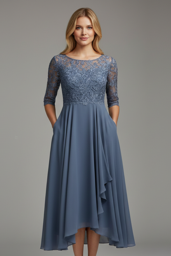 Abito da cerimonia midi da donna in pizzo con scollo rotondo e manica corta, elegante per matrimonio - Blu ardesia