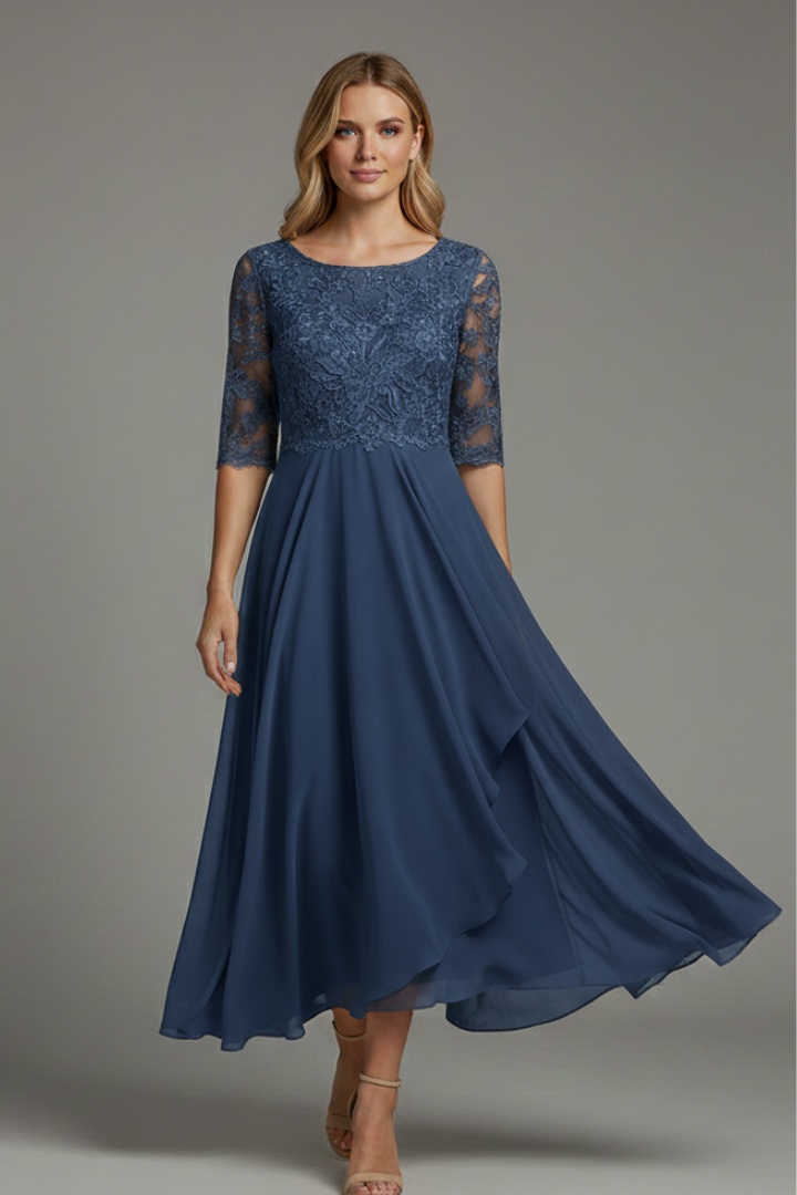 Abito da cerimonia midi da donna in pizzo con scollo rotondo e manica corta, elegante per matrimonio - Blu navy