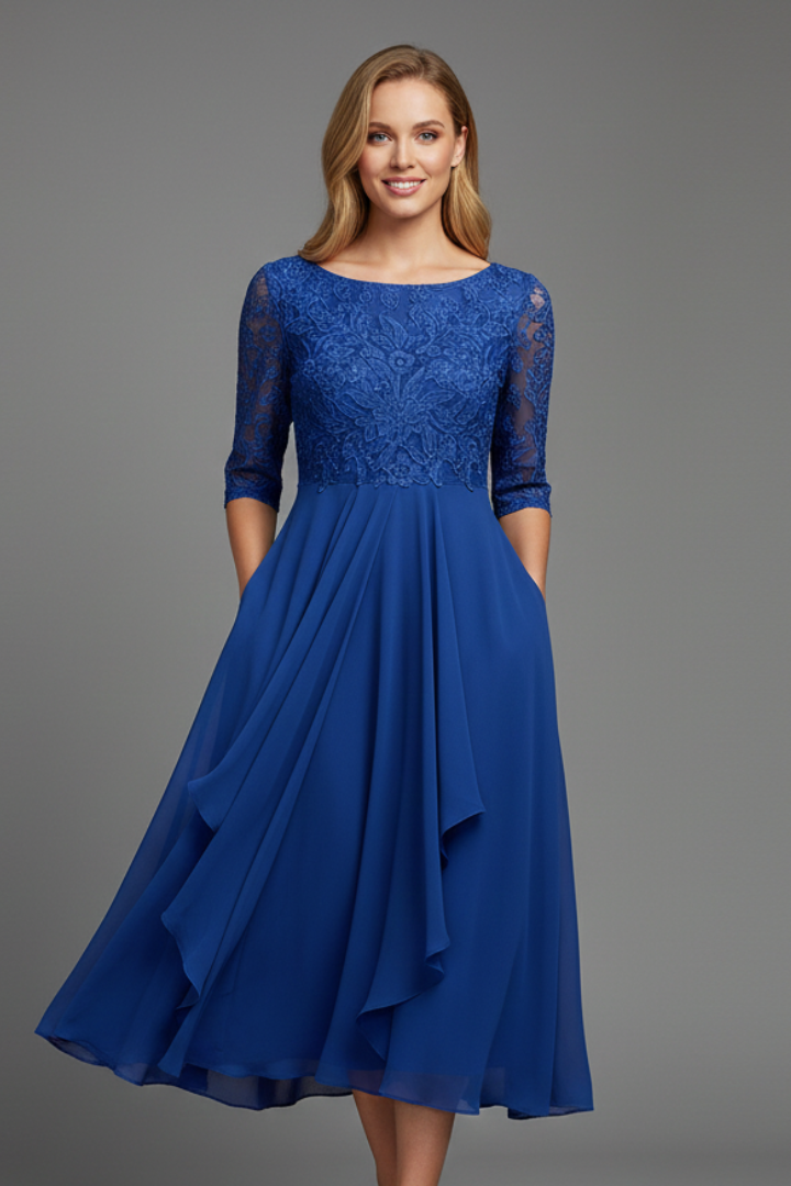 Abito da cerimonia midi da donna in pizzo con scollo rotondo e manica corta, elegante per matrimonio - Blu reale