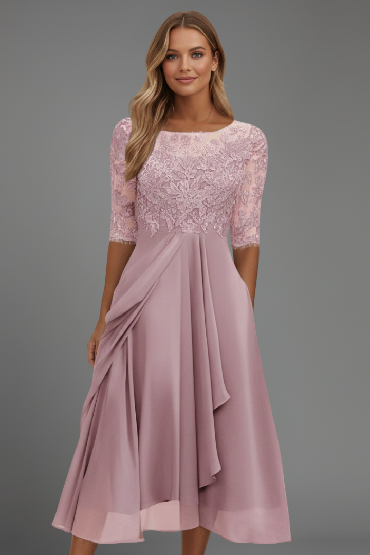 Abito da cerimonia midi da donna in pizzo con scollo rotondo e manica corta, elegante per matrimonio - Rosa cipria