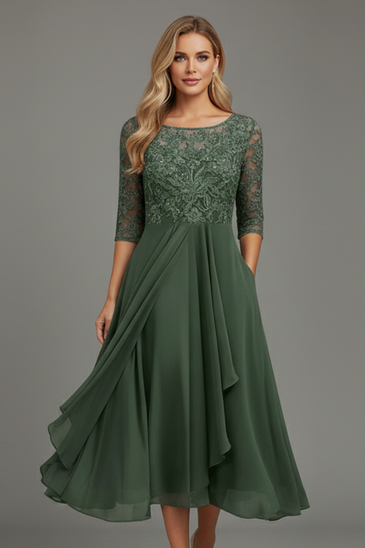 Abito da cerimonia midi da donna in pizzo con scollo rotondo e manica corta, elegante per matrimonio - Verde foresta