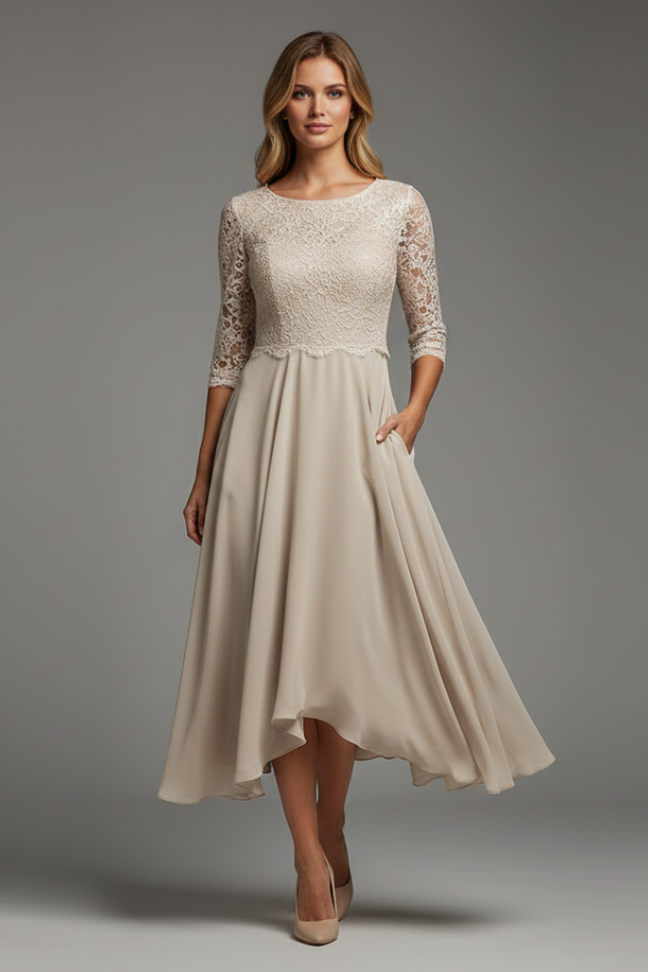 Abito da cerimonia midi da donna in pizzo con scollo rotondo e manica corta, elegante per matrimonio - Verde verde acqua
