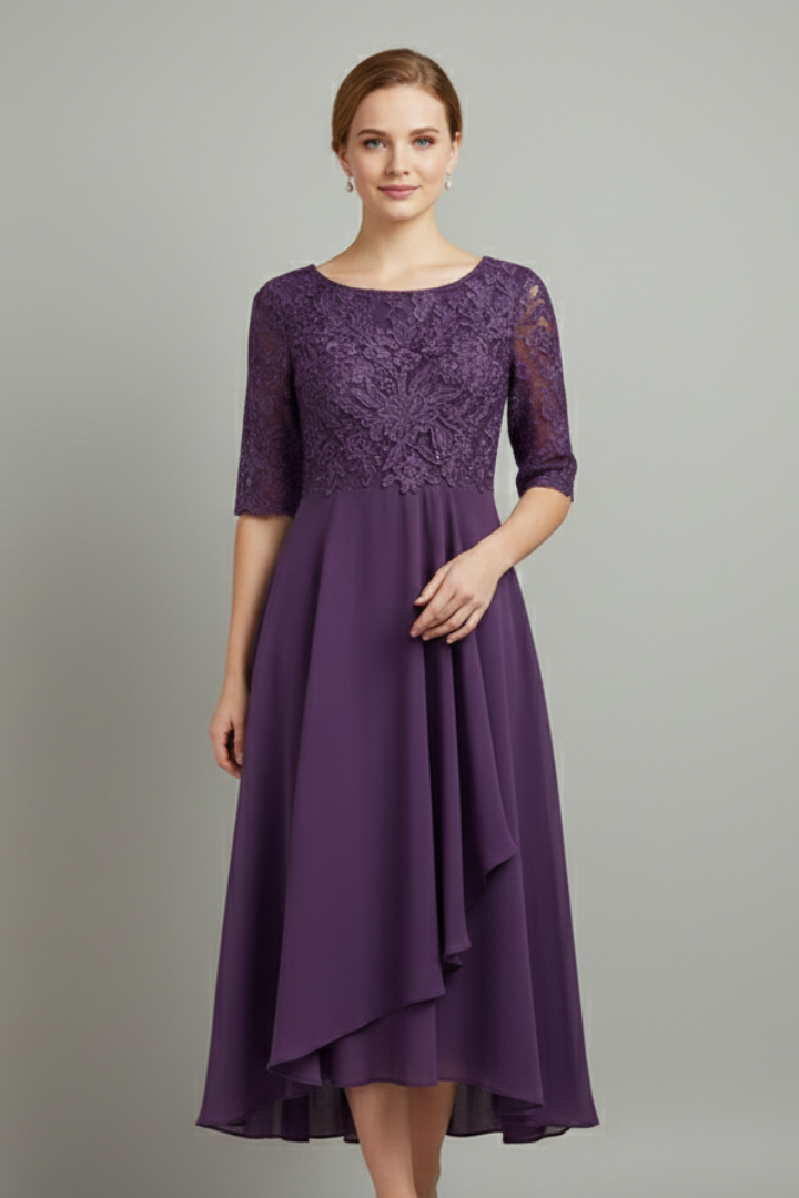 Abito da cerimonia midi da donna in pizzo con scollo rotondo e manica corta, elegante per matrimonio - Viola prugna