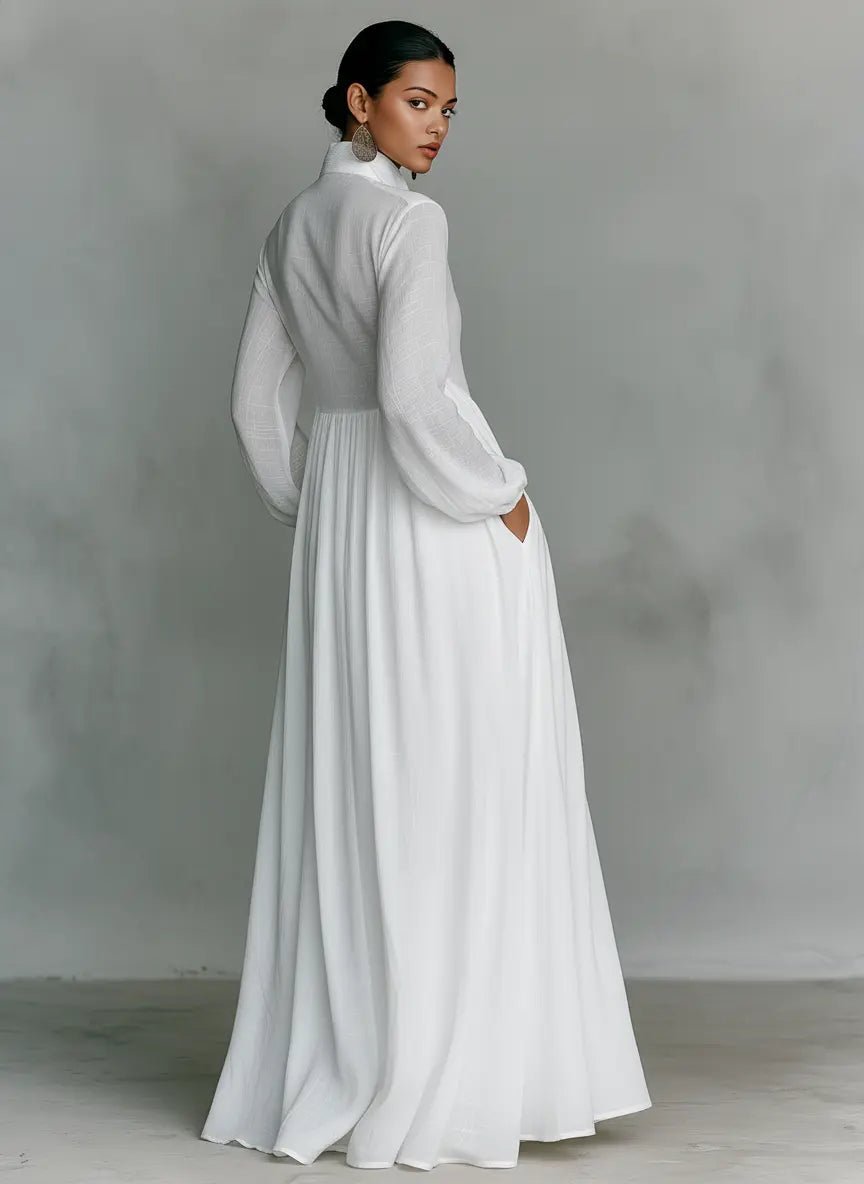 Abito lungo chemisier da donna in misto lino con collo alto e maniche lunghe, elegante - view 4