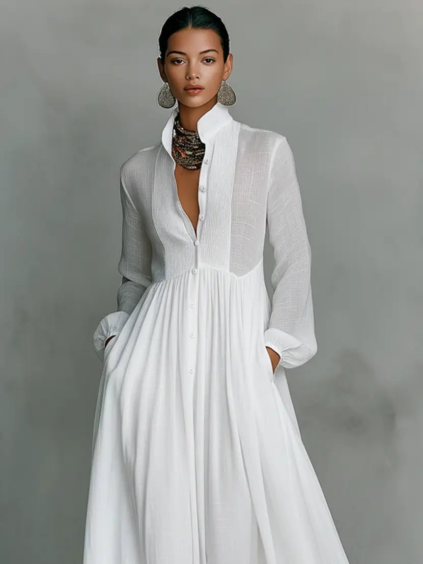 Abito lungo chemisier da donna in misto lino con collo alto e maniche lunghe, elegante - view 5