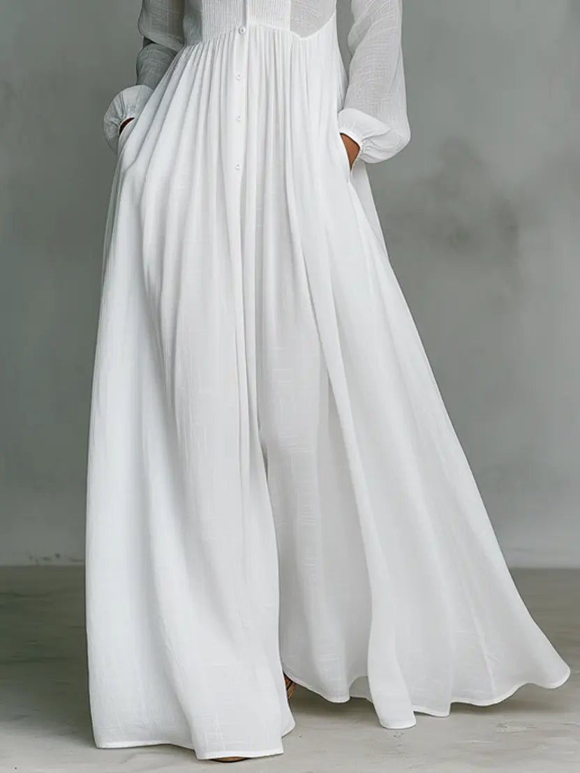 Abito lungo chemisier da donna in misto lino con collo alto e maniche lunghe, elegante - view 6