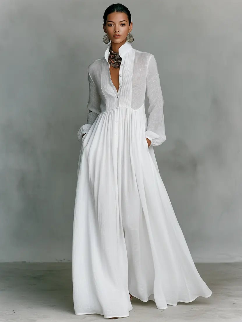 Abito lungo chemisier da donna in misto lino con collo alto e maniche lunghe, elegante - view 7
