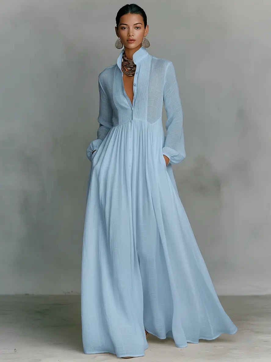 Abito lungo chemisier da donna in misto lino con collo alto e maniche lunghe, elegante - Blu