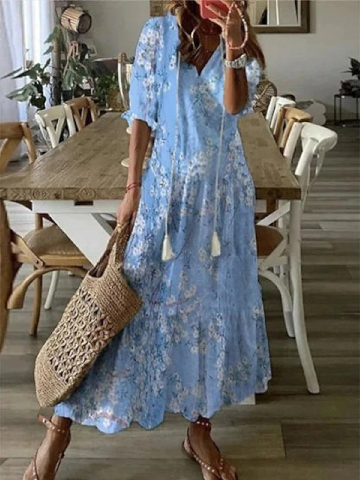 Abito lungo da donna a fiori con scollo a V, stile boho ed estivo, da mare - Azzurro