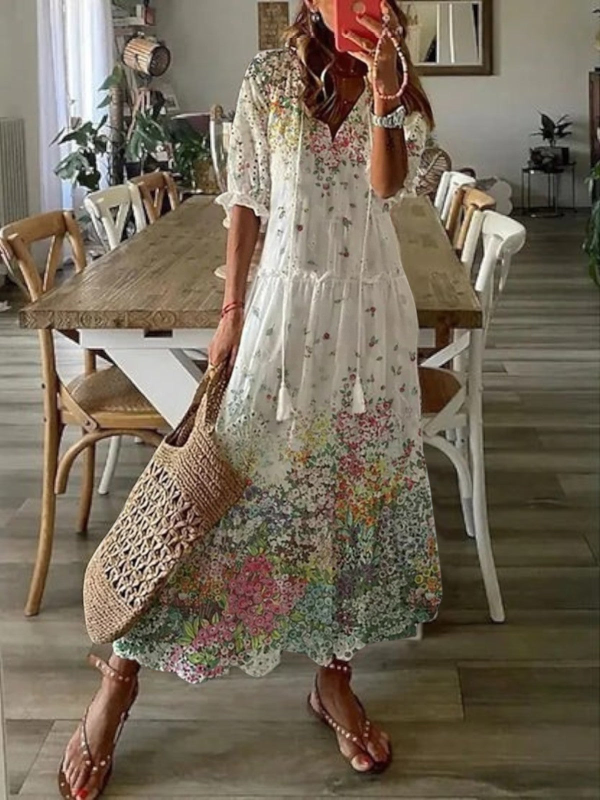 Abito lungo da donna a fiori con scollo a V, stile boho ed estivo, da mare - Bianco eleganza