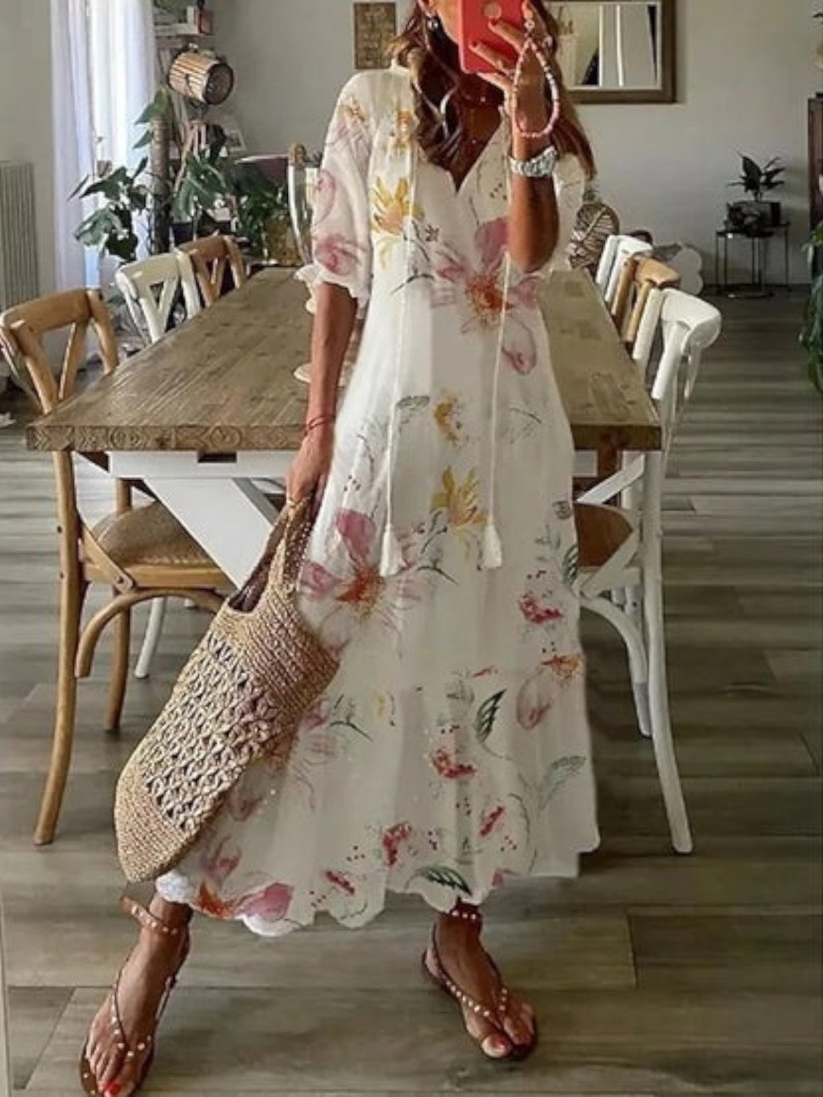 Abito lungo da donna a fiori con scollo a V, stile boho ed estivo, da mare - Bianco floreale