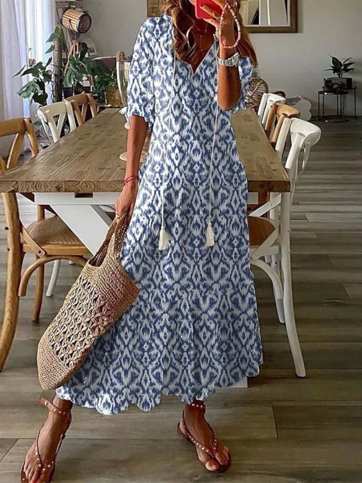 Abito lungo da donna a fiori con scollo a V, stile boho ed estivo, da mare - Blu