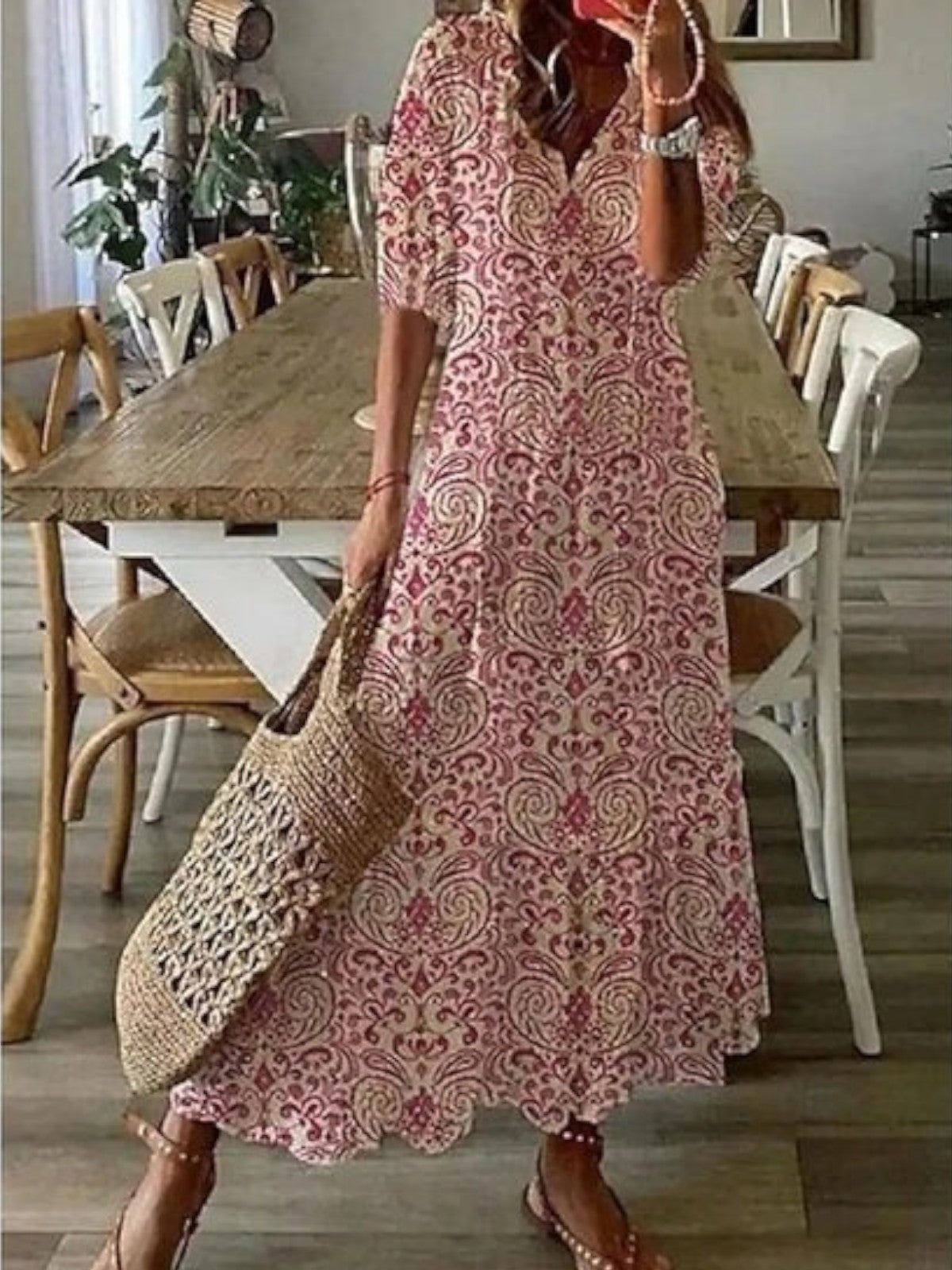 Abito lungo da donna a fiori con scollo a V, stile boho ed estivo, da mare - Rosso