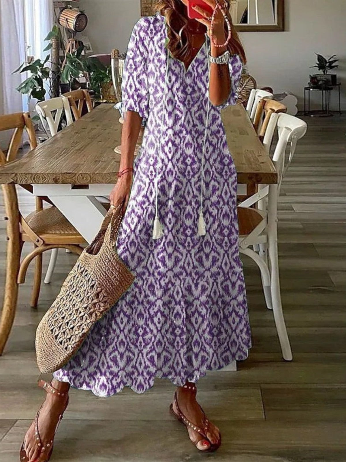Abito lungo da donna a fiori con scollo a V, stile boho ed estivo, da mare - Viola
