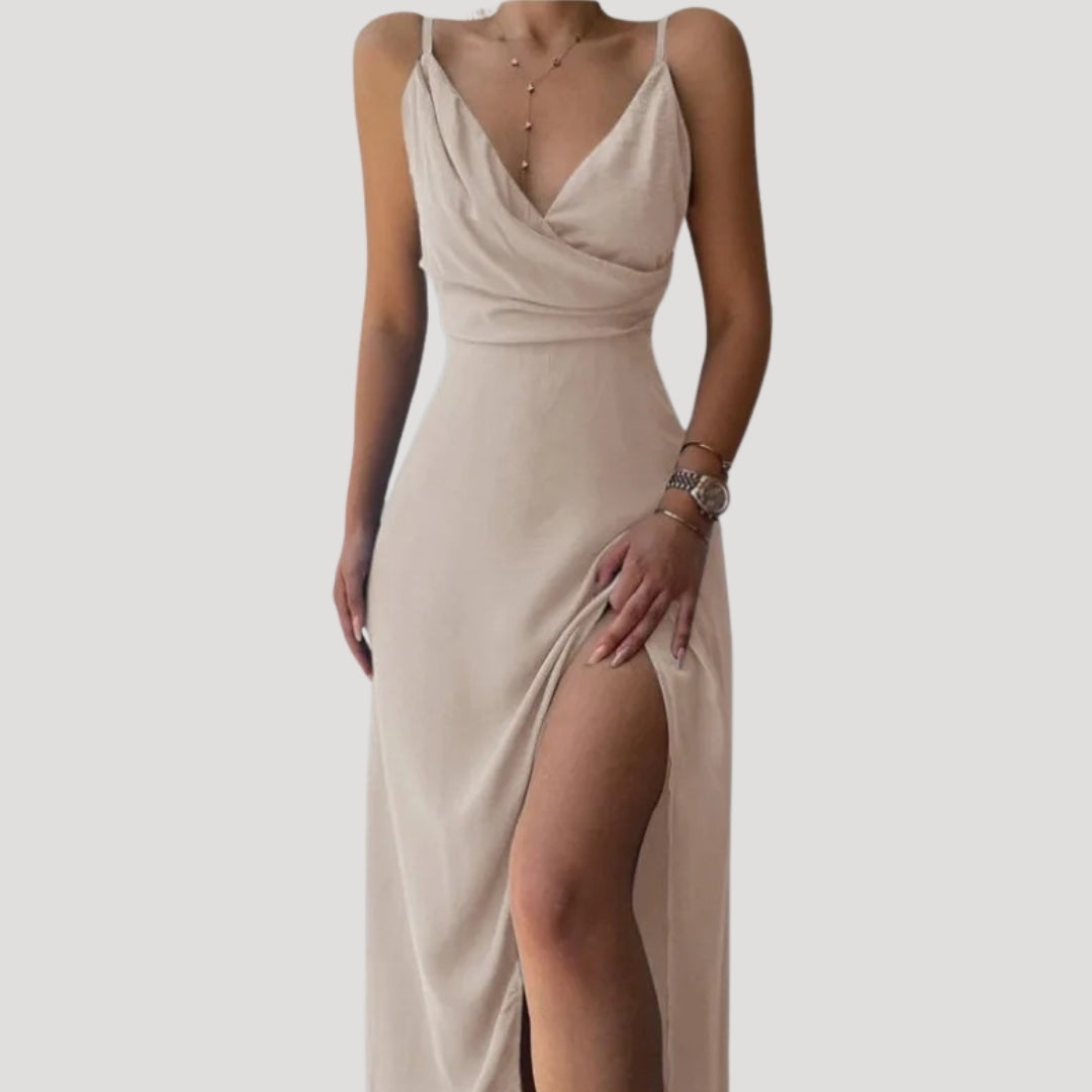 Abito lungo da donna con spacco, elegante per matrimonio e cerimonia - Beige