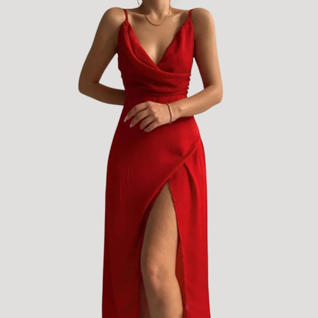 Abito lungo da donna con spacco, elegante per matrimonio e cerimonia - Rosso