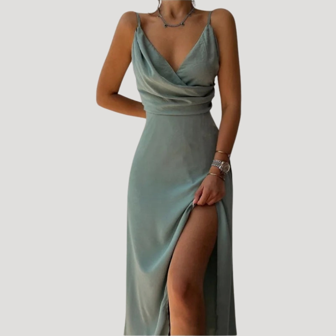 Abito lungo da donna con spacco, elegante per matrimonio e cerimonia - Verde