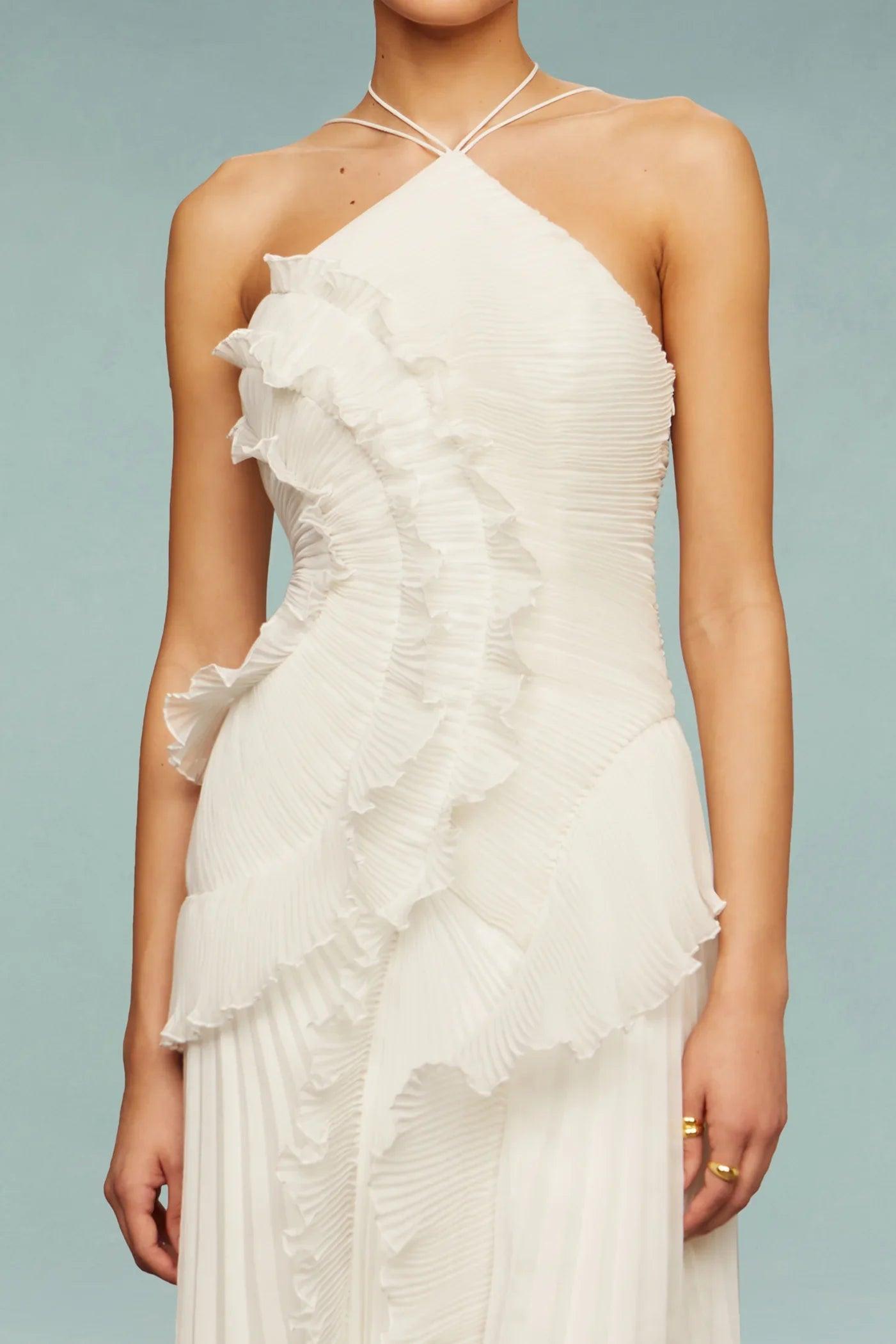 Abito lungo plissettato da donna con balze e scollo all'americana, elegante da cerimonia e matrimonio - view 6