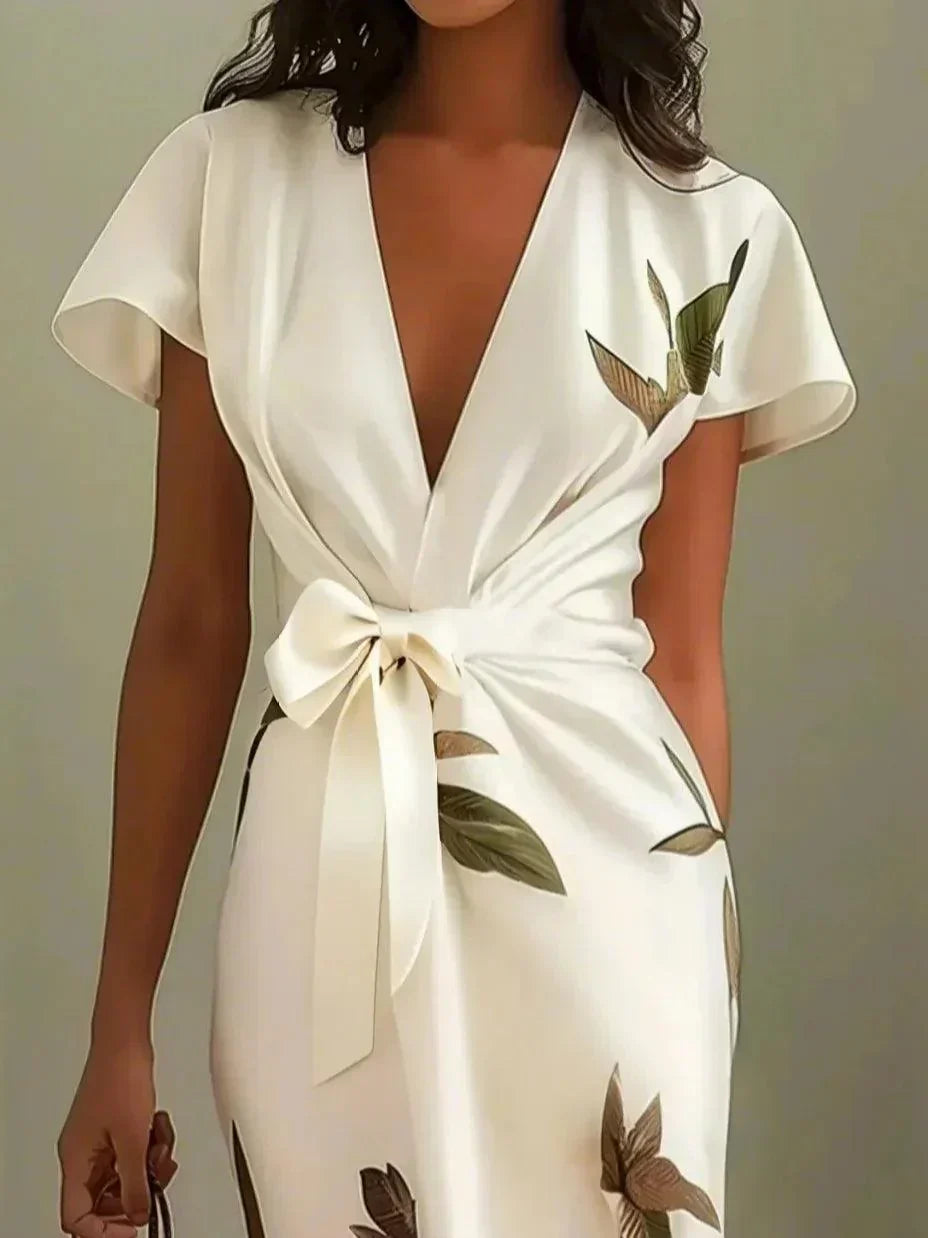 Abito midi a portafoglio a fiori con scollo a V e manica corta, elegante da cerimonia e matrimonio - view 4