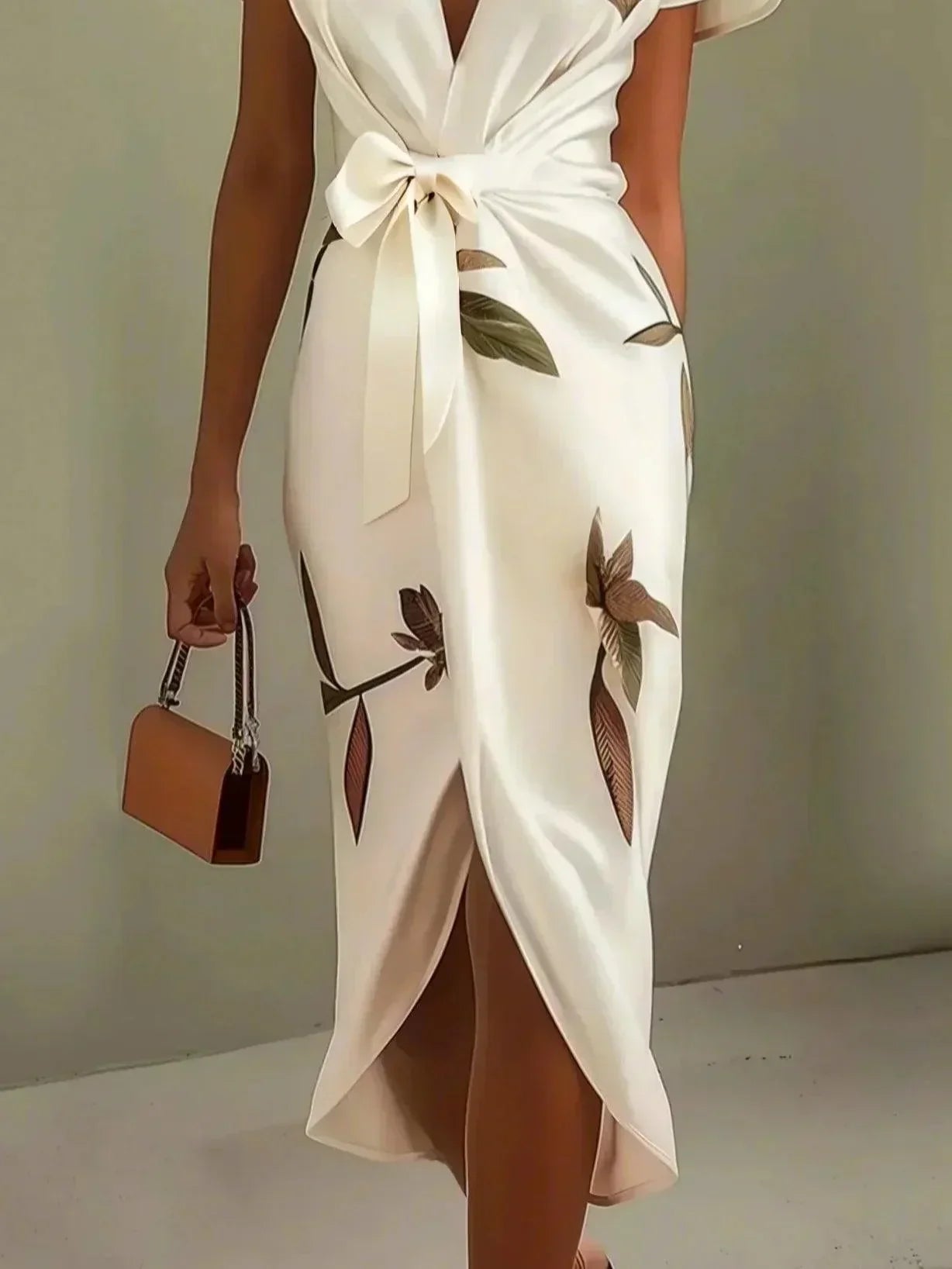 Abito midi a portafoglio a fiori con scollo a V e manica corta, elegante da cerimonia e matrimonio - view 5