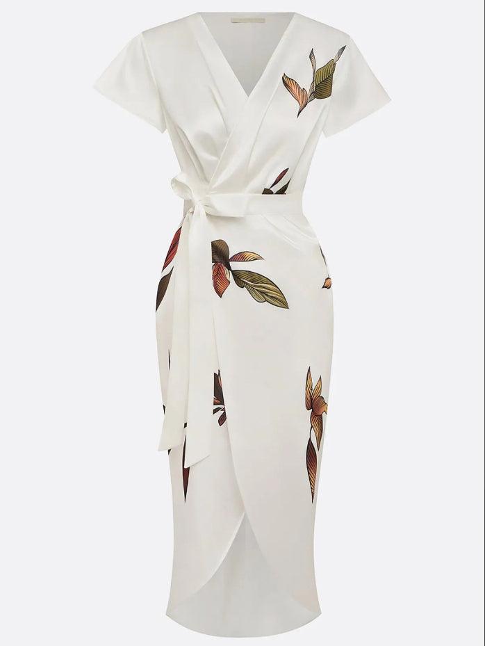 Abito midi a portafoglio a fiori con scollo a V e manica corta, elegante da cerimonia e matrimonio - view 6