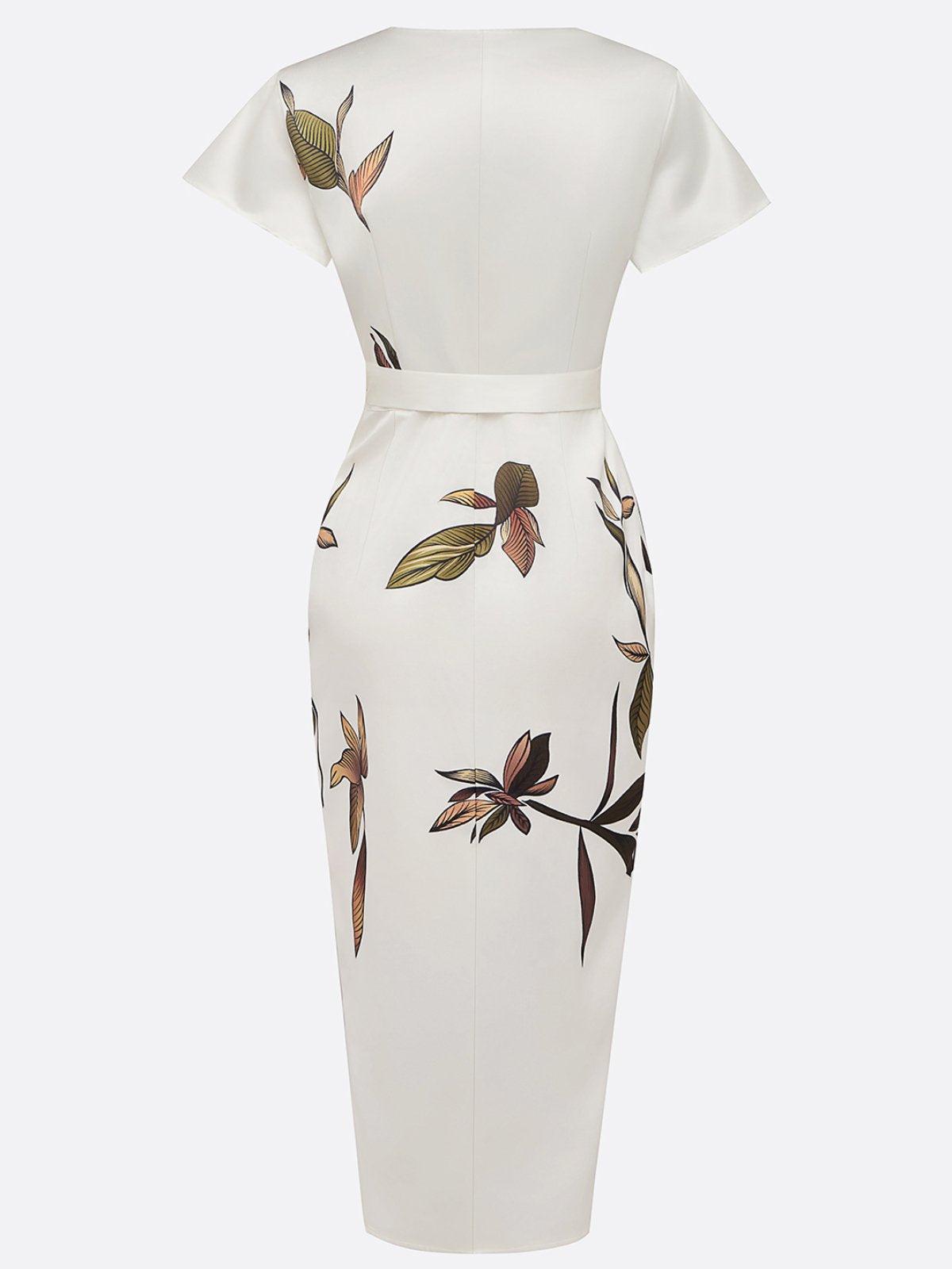 Abito midi a portafoglio a fiori con scollo a V e manica corta, elegante da cerimonia e matrimonio - view 7