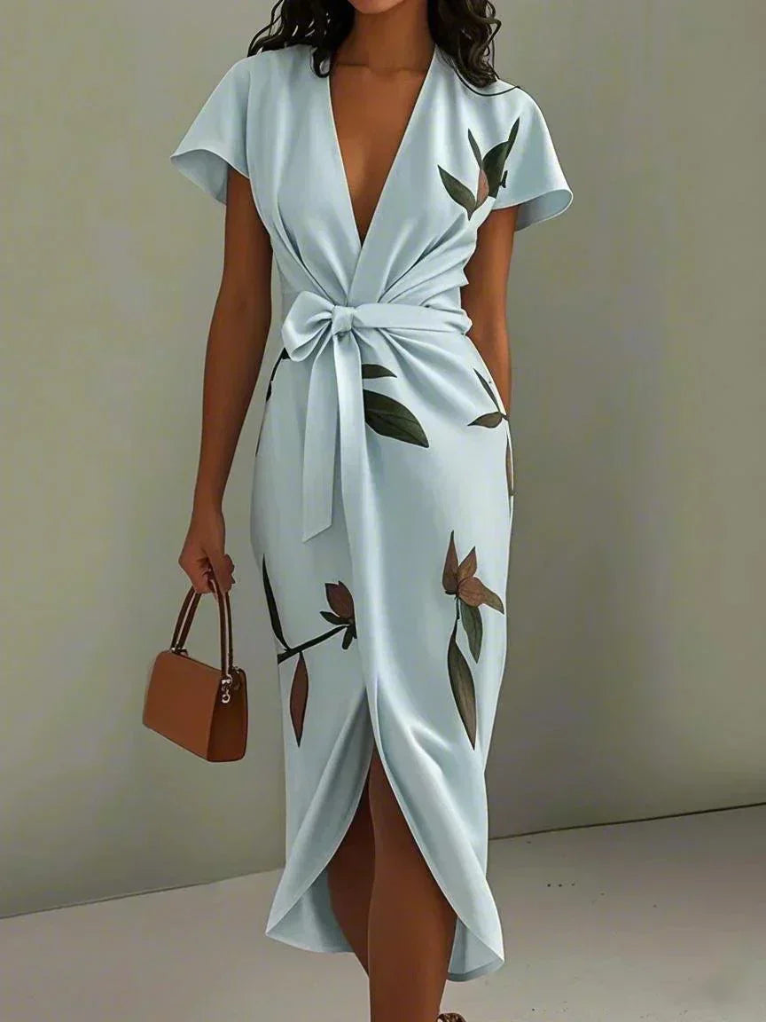 Abito midi a portafoglio a fiori con scollo a V e manica corta, elegante da cerimonia e matrimonio - Azzurro