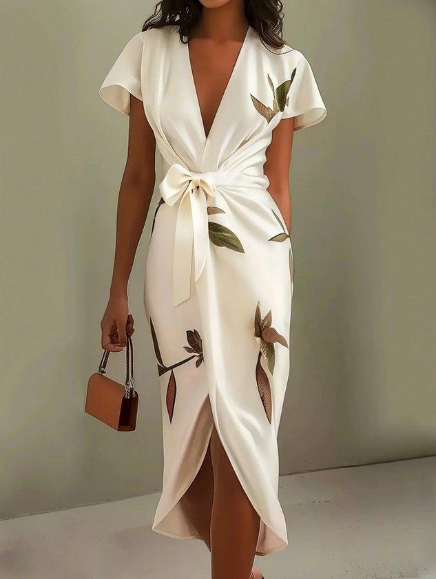 Abito midi a portafoglio a fiori con scollo a V e manica corta, elegante da cerimonia e matrimonio - Bianco