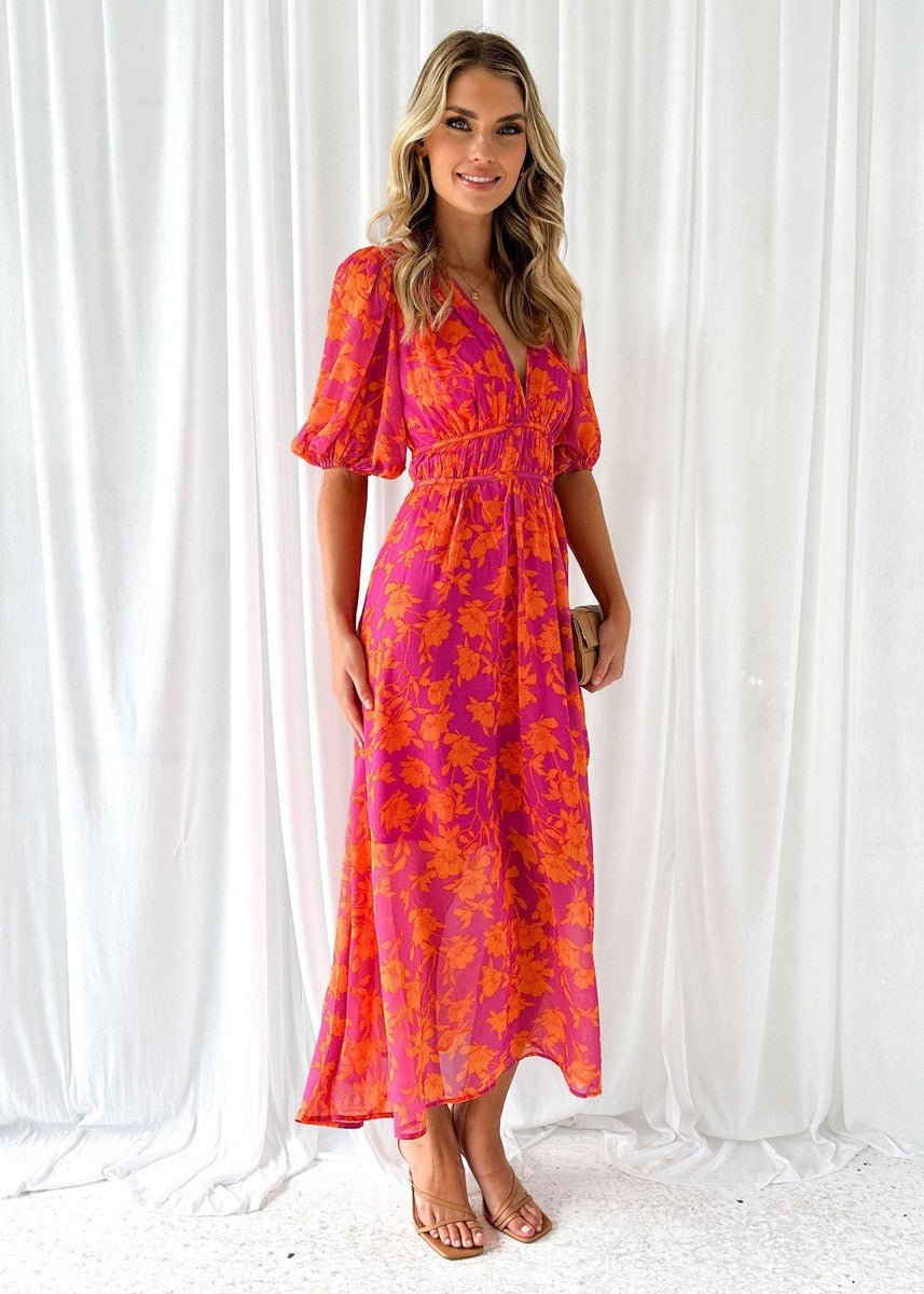 Abito midi da donna a fiori con scollo a V e maniche a palloncino, per cerimonia e matrimonio - view 2