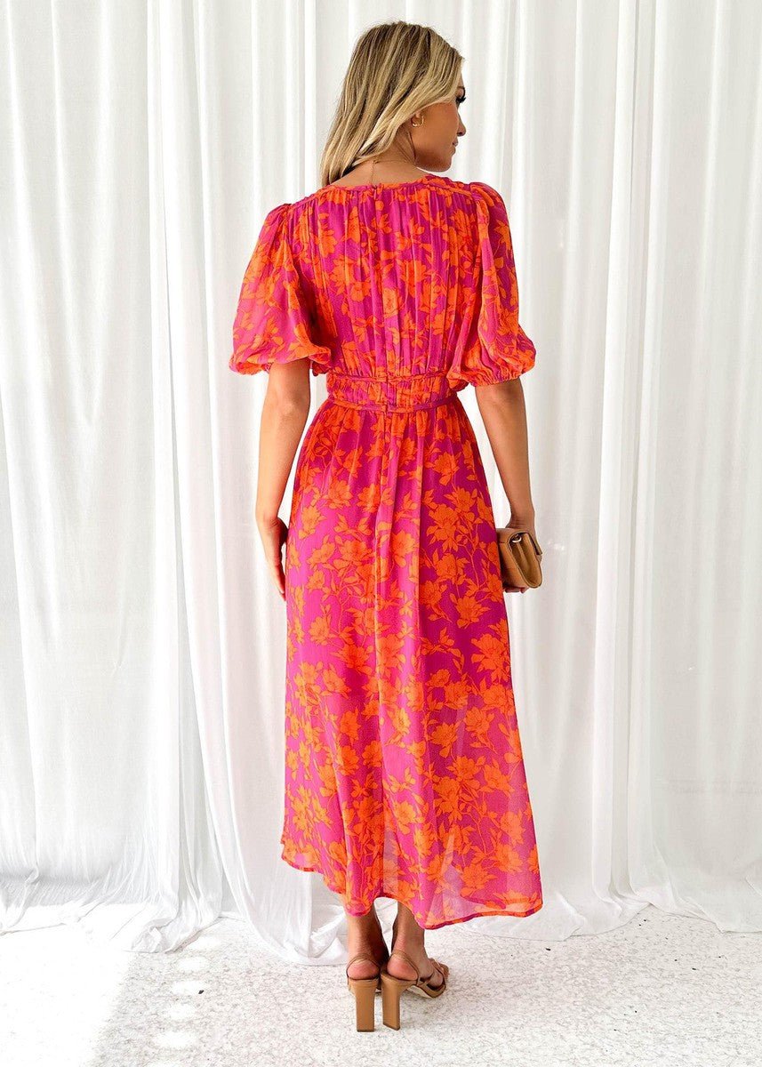 Abito midi da donna a fiori con scollo a V e maniche a palloncino, per cerimonia e matrimonio - view 3