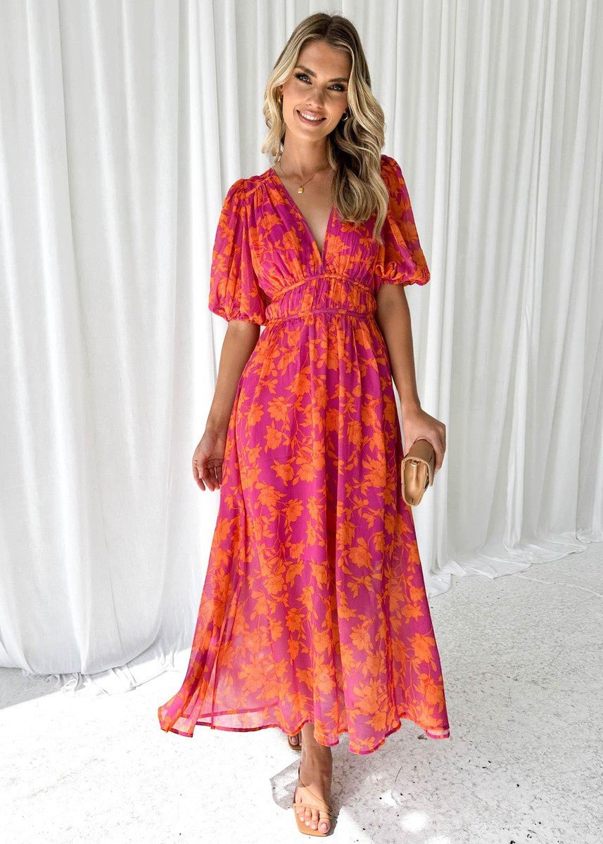 Abito midi da donna a fiori con scollo a V e maniche a palloncino, per cerimonia e matrimonio - view 4