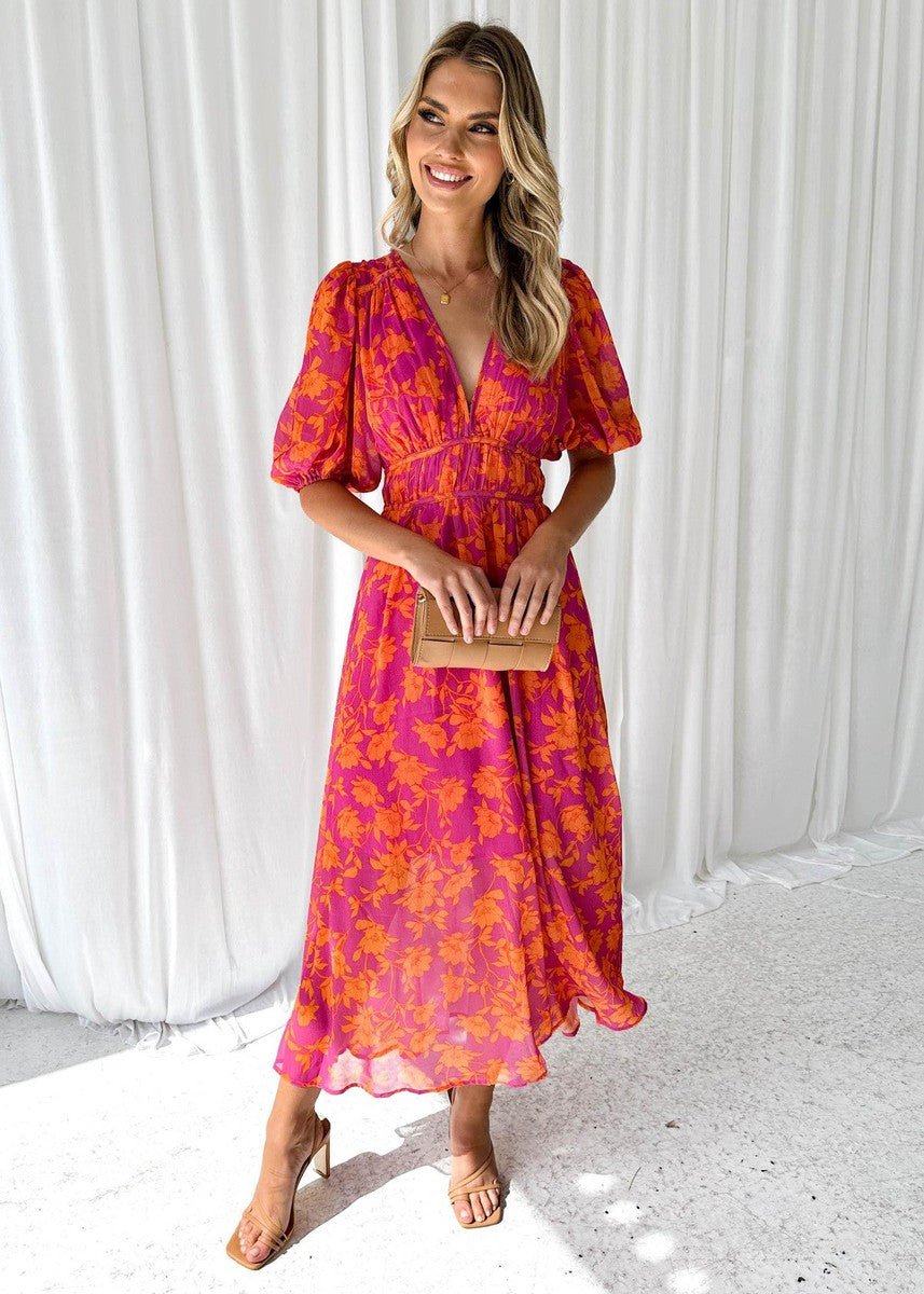 Abito midi da donna a fiori con scollo a V e maniche a palloncino, per cerimonia e matrimonio - Rosa-Arancione