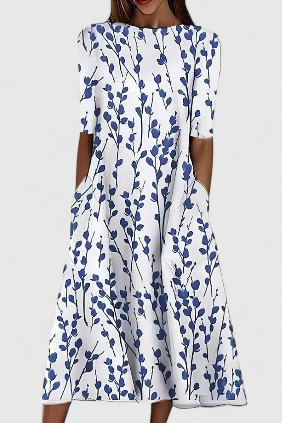Abito midi da donna in cotone a fiori, con scollo rotondo e maniche corte, per l'estate e le cerimonie - Bianco