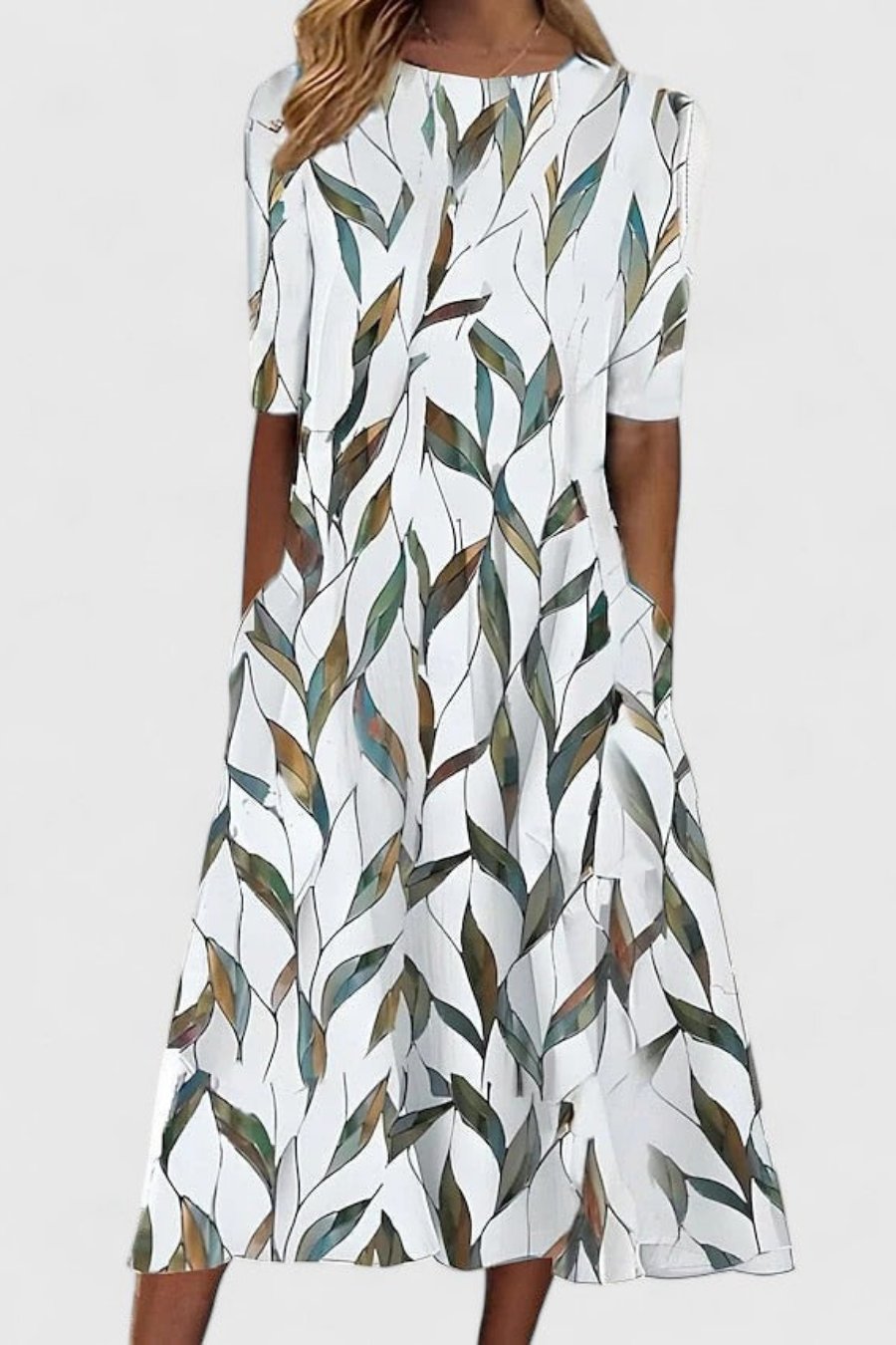 Abito midi da donna in cotone a fiori, con scollo rotondo e maniche corte, per l'estate e le cerimonie - Bianco 2
