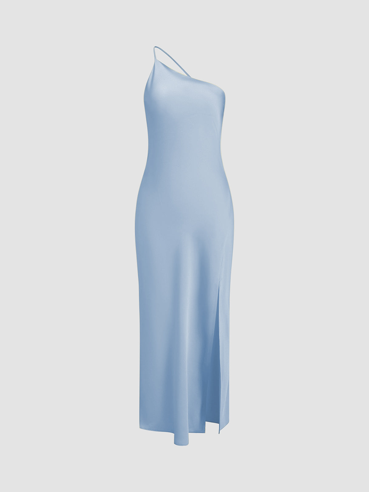 Abito midi da donna monospalla con schiena scoperta e spacco laterale, elegante per cerimonia e matrimonio - Blu