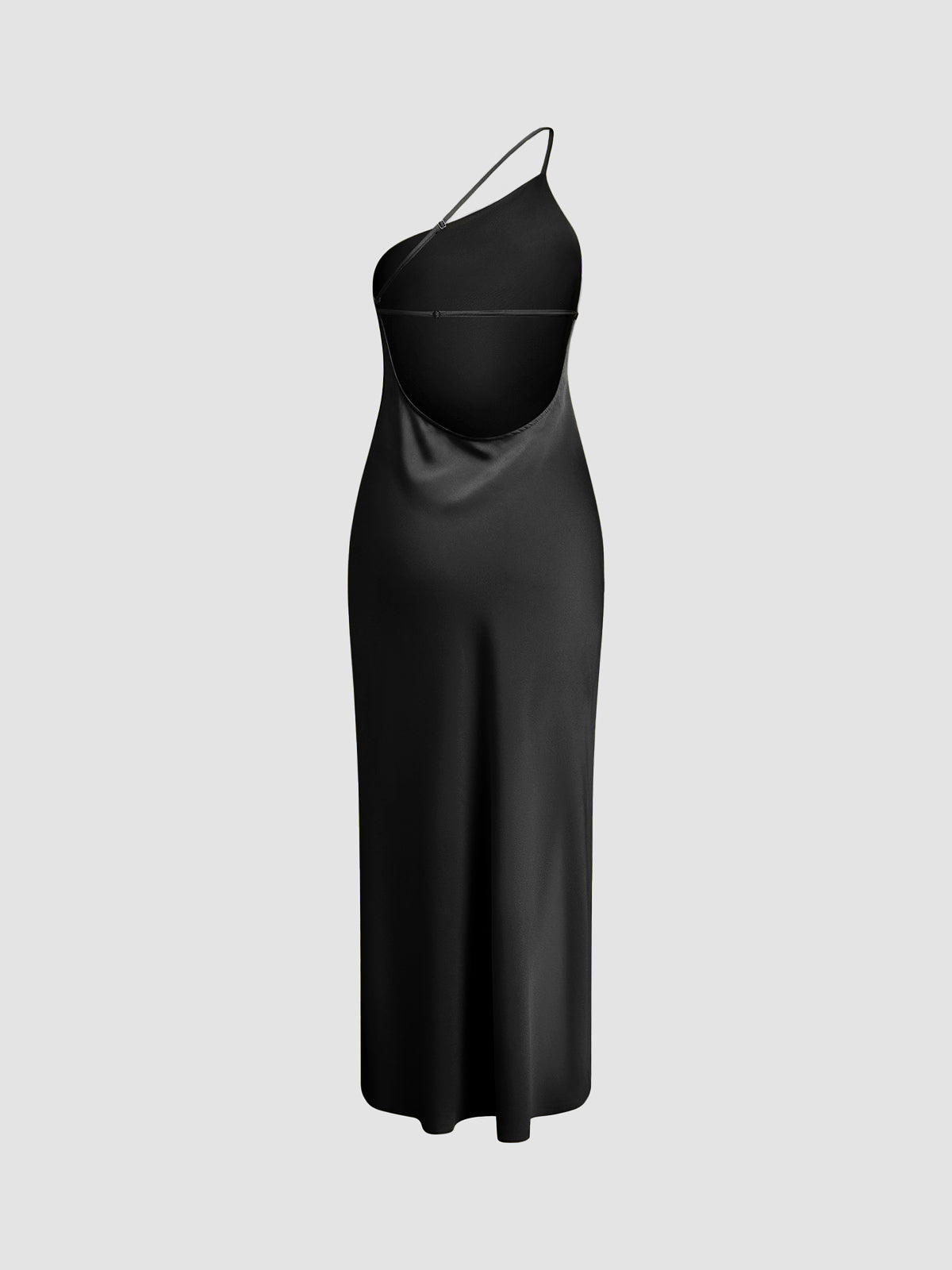 Abito midi da donna monospalla con schiena scoperta e spacco laterale, elegante per cerimonia e matrimonio - Nero
