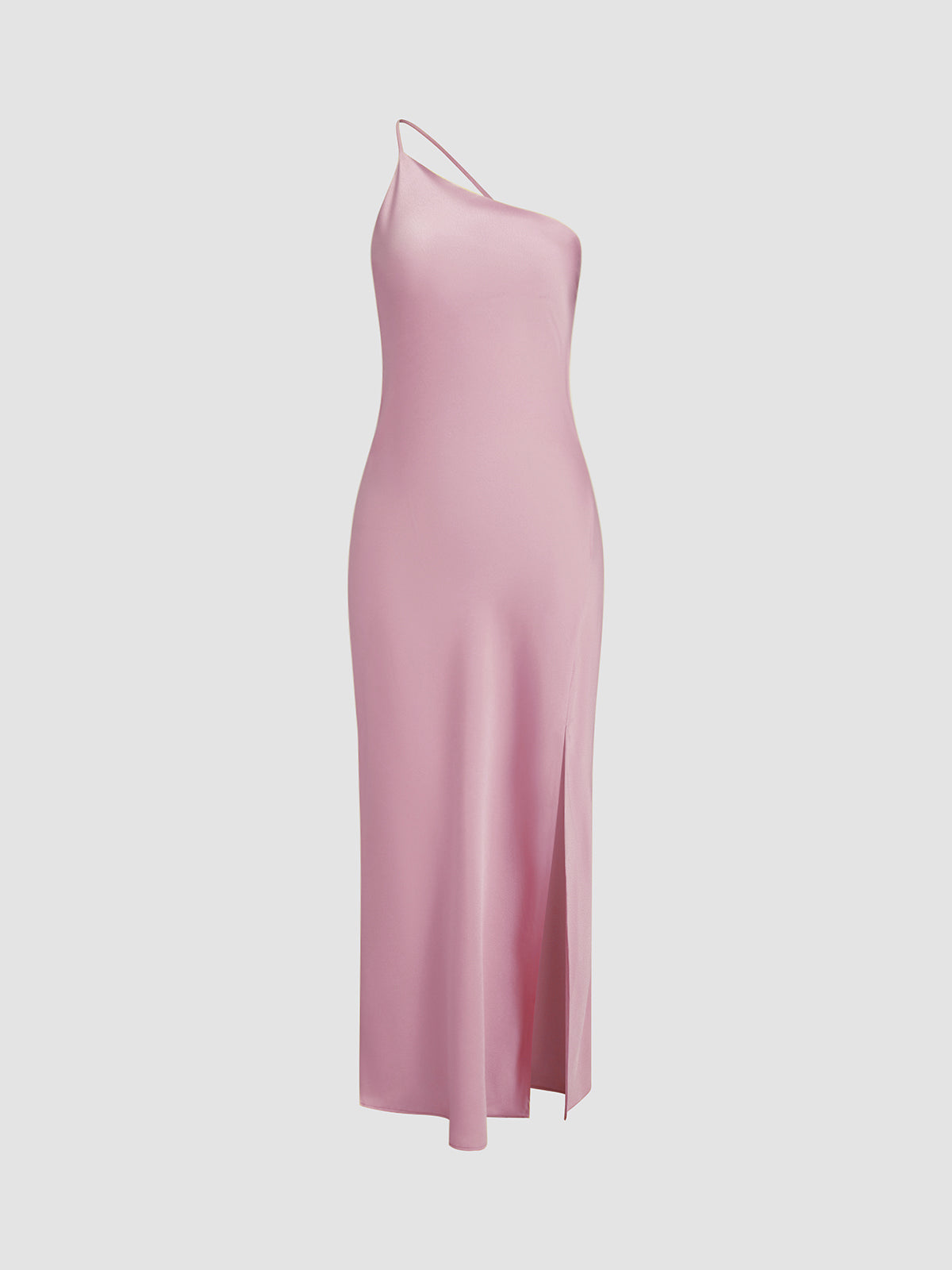 Abito midi da donna monospalla con schiena scoperta e spacco laterale, elegante per cerimonia e matrimonio - Rosa
