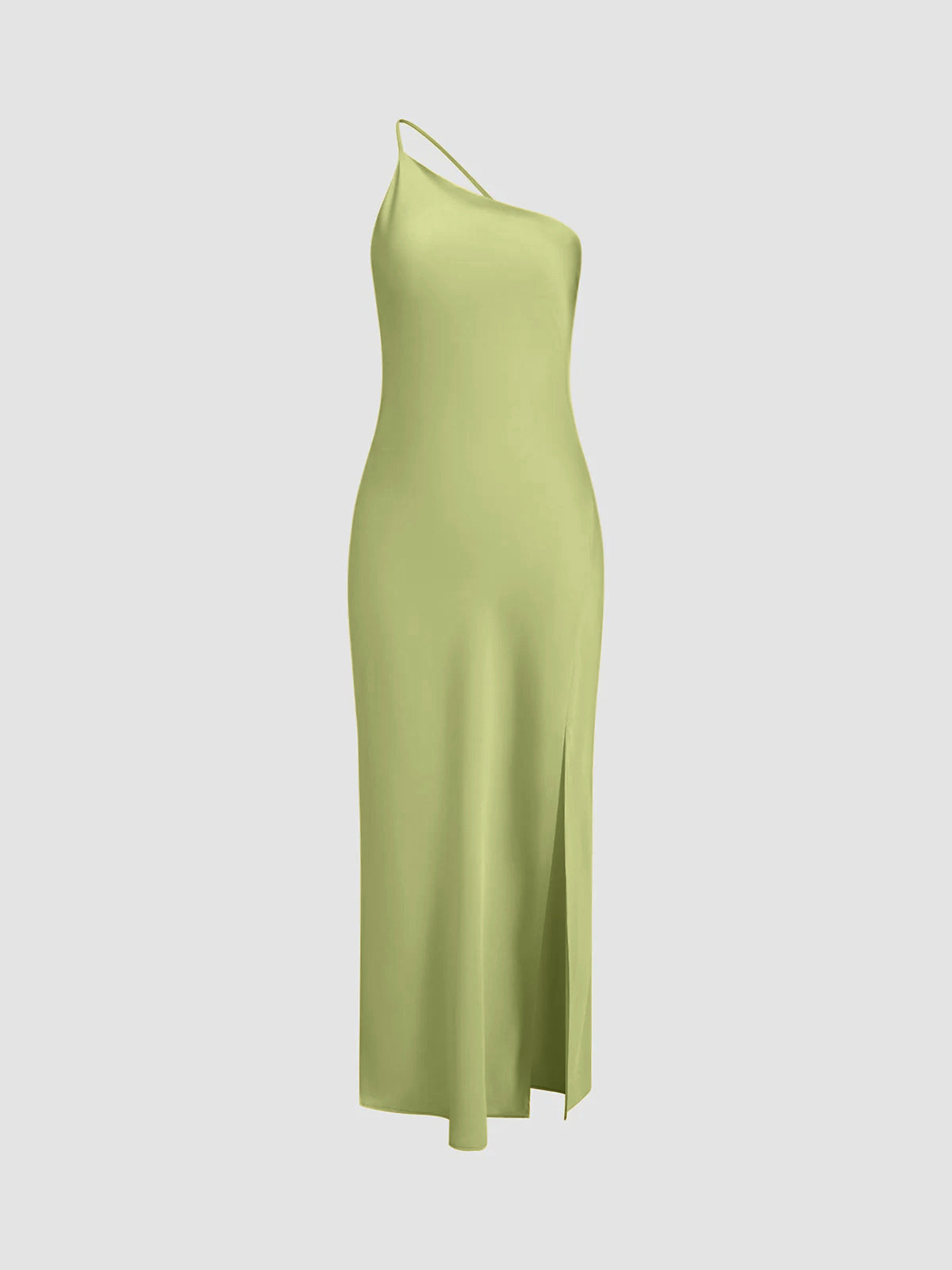 Abito midi da donna monospalla con schiena scoperta e spacco laterale, elegante per cerimonia e matrimonio - Verde