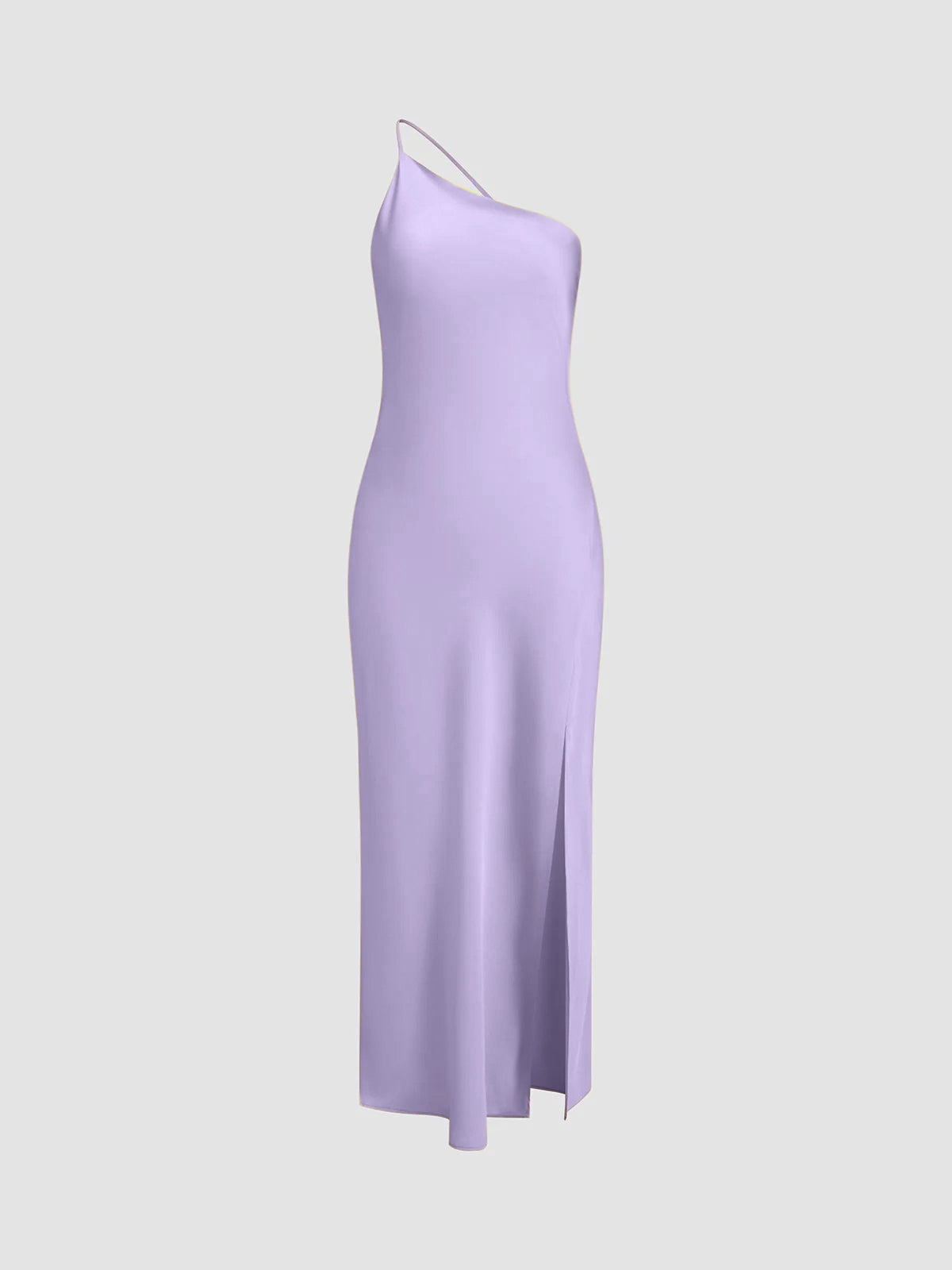 Abito midi da donna monospalla con schiena scoperta e spacco laterale, elegante per cerimonia e matrimonio - Viola