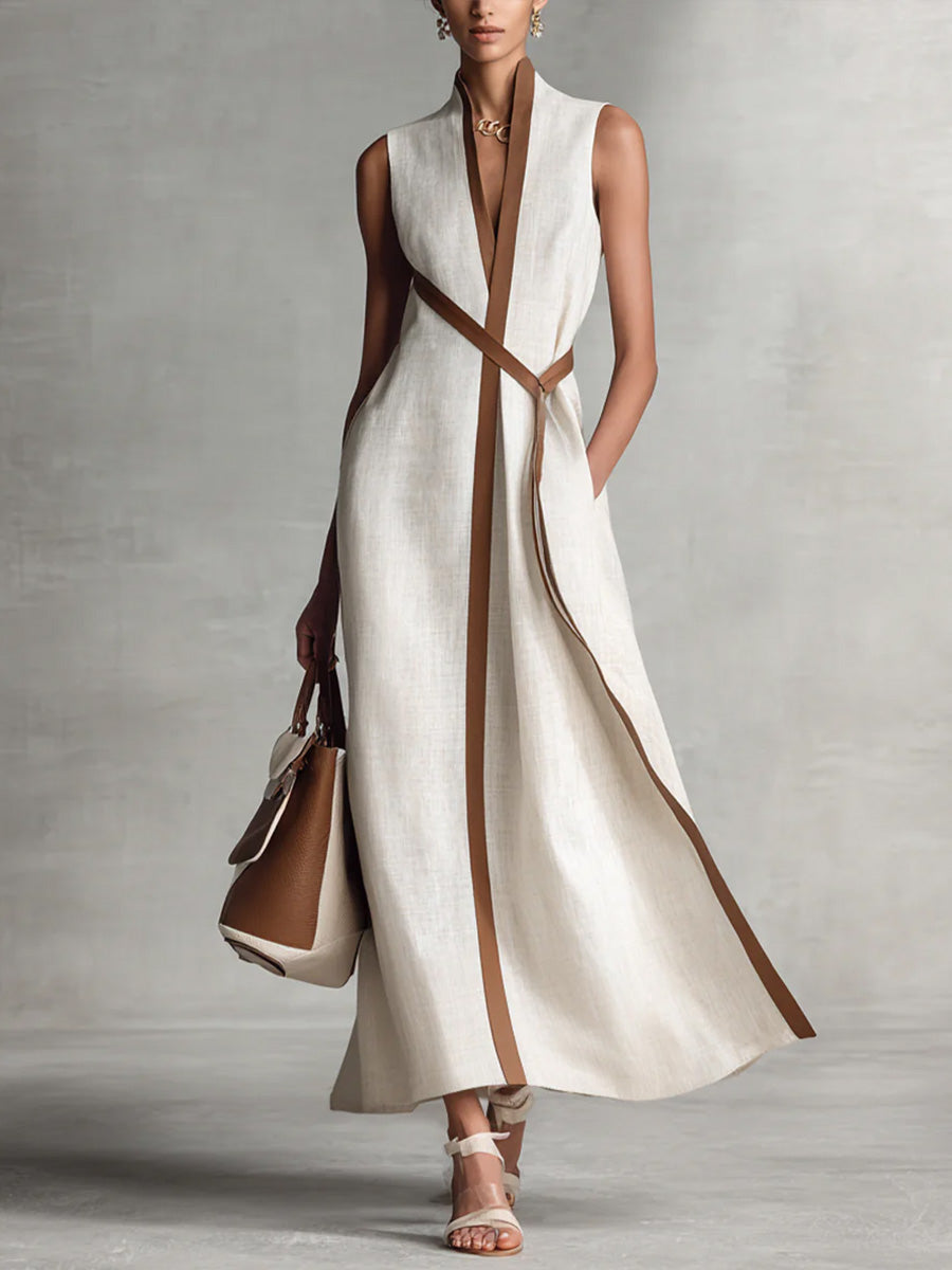Abito midi da donna senza maniche con scollo a V, profili a contrasto e cintura, elegante per l'estate - Bianco
