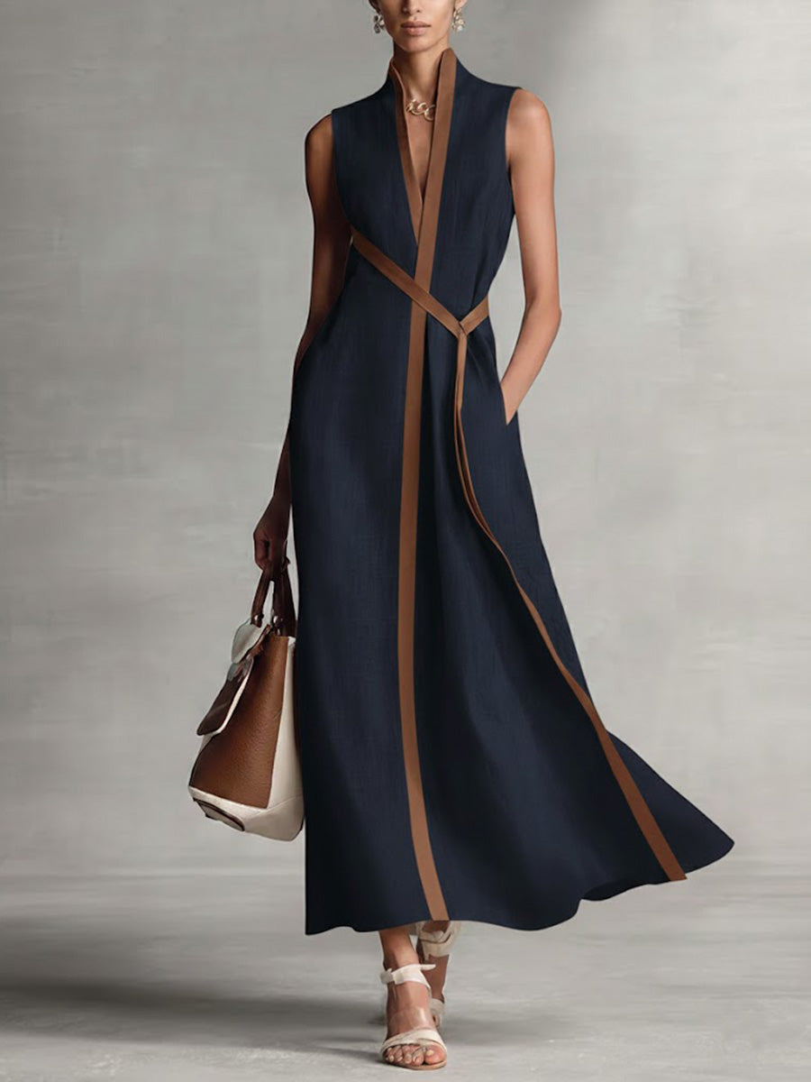 Abito midi da donna senza maniche con scollo a V, profili a contrasto e cintura, elegante per l'estate - Blu marino