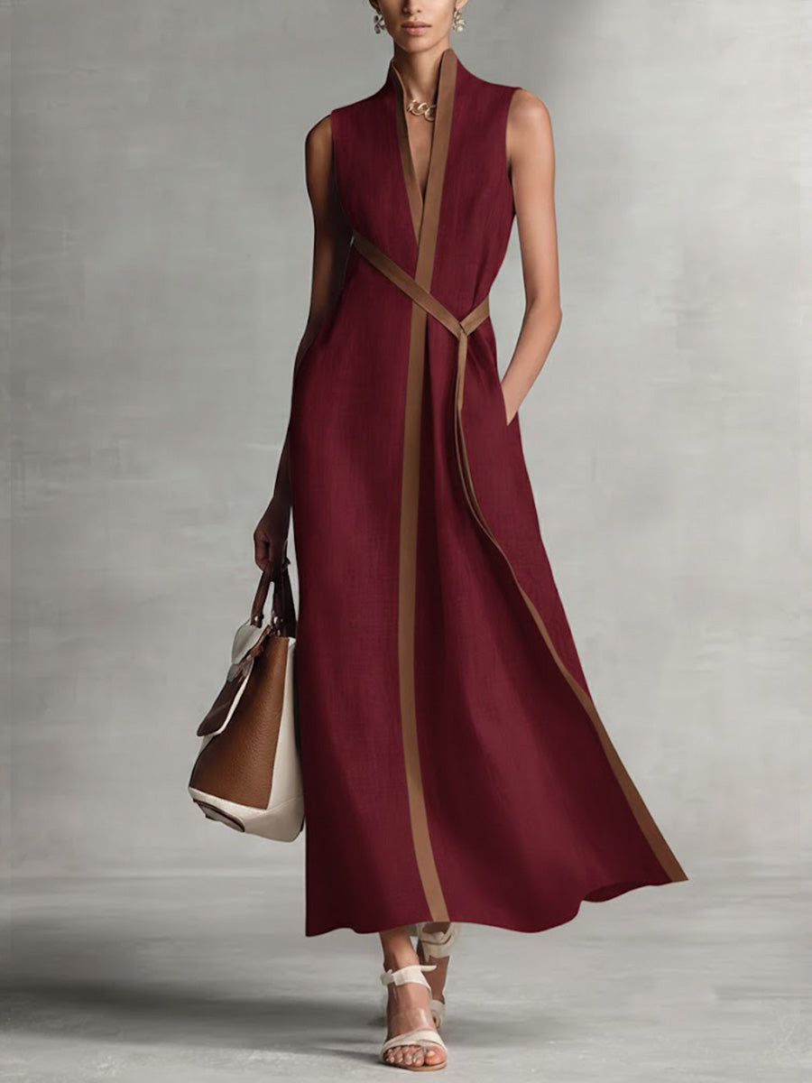 Abito midi da donna senza maniche con scollo a V, profili a contrasto e cintura, elegante per l'estate - Bordeaux