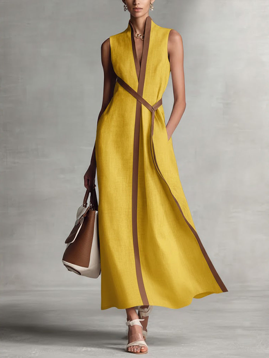 Abito midi da donna senza maniche con scollo a V, profili a contrasto e cintura, elegante per l'estate - Giallo
